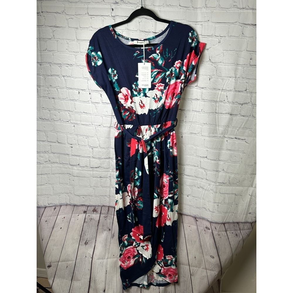Yidarton Womens Floral Maxi Dress Navy Blue Pink Rose Wrap Tulip Hem Size M NEW